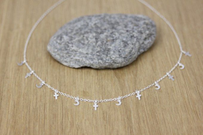 Collier argent massif petites lunes et petites croix