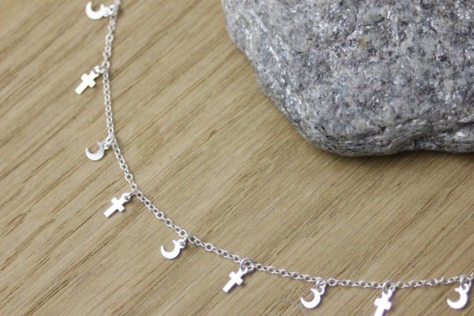 Collier argent massif petites lunes et petites croix