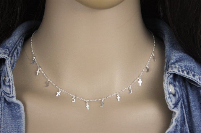 Collier argent massif petites lunes et petites croix