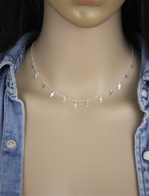 Collier argent massif petites lunes et petites croix