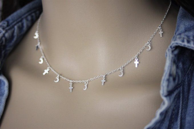 Collier argent massif petites lunes et petites croix