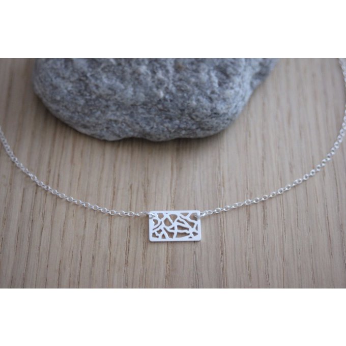 Collier argent massif breloque rectangle ajouré