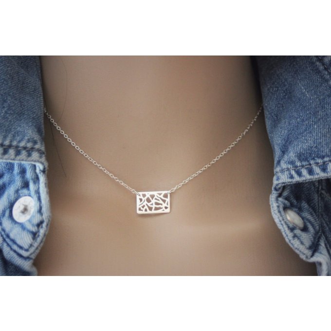 Collier argent massif breloque rectangle ajouré