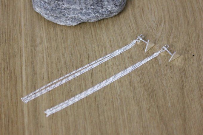 Boucles d'oreilles argent massif triangle et 3 chainettes 