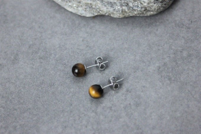 Boucles d'oreilles en oeil de tigre et argent massif