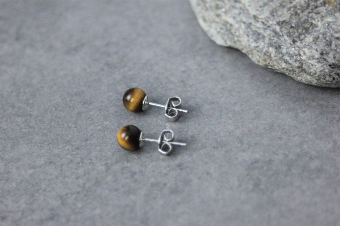 Boucles d'oreilles en oeil de tigre et argent massif