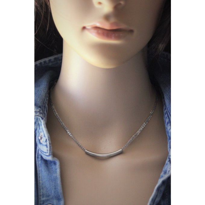 Collier 3 chaines et perle tube en acier inoxydable