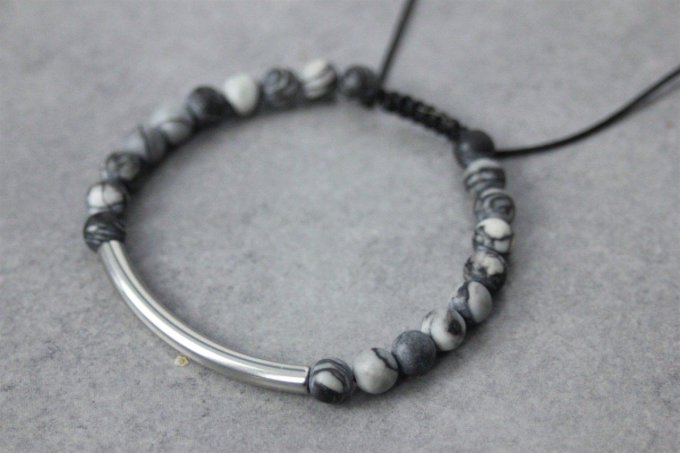Bracelet perles jaspe picasso mat et perle tube acier inoxydable