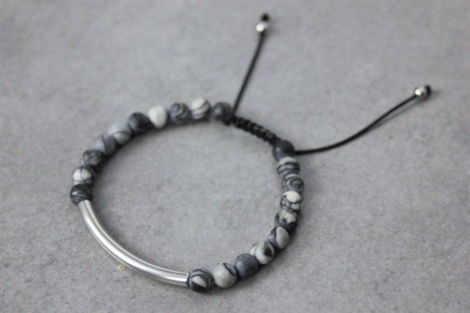 Bracelet perles jaspe picasso mat et perle tube acier inoxydable