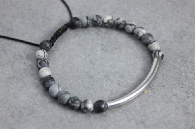 Bracelet perles jaspe picasso mat et perle tube acier inoxydable