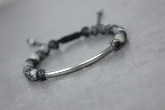 Bracelet perles jaspe picasso mat et perle tube acier inoxydable