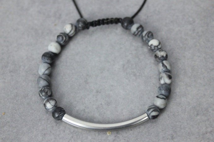 Bracelet perles jaspe picasso mat et perle tube acier inoxydable