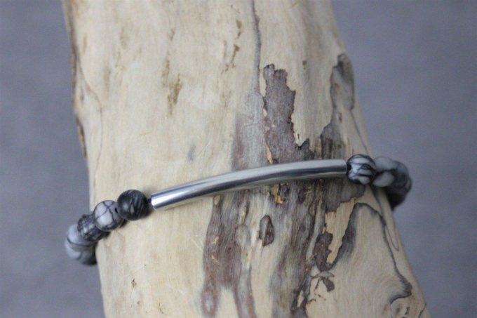 Bracelet perles jaspe picasso mat et perle tube acier inoxydable