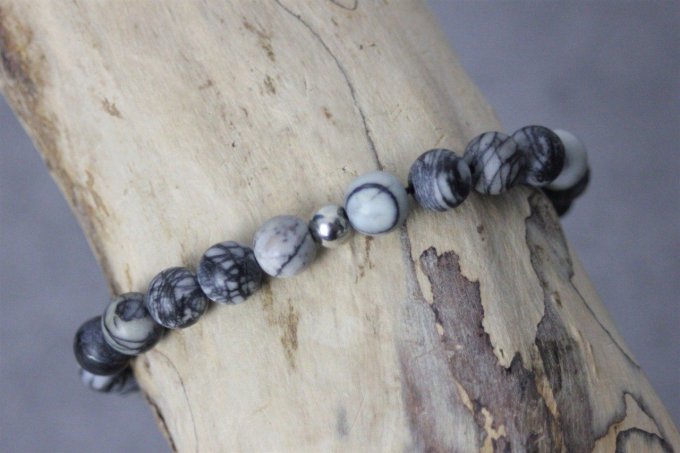 Bracelet perles jaspe picasso et acier inoxydable