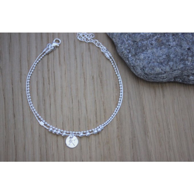 Bracelet double chaine avec perles argent et médaille gravée pissenlit