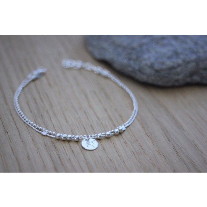 Bracelet double chaine avec perles argent et médaille gravée pissenlit