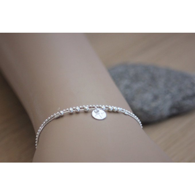 Bracelet double chaine avec perles argent et médaille gravée pissenlit