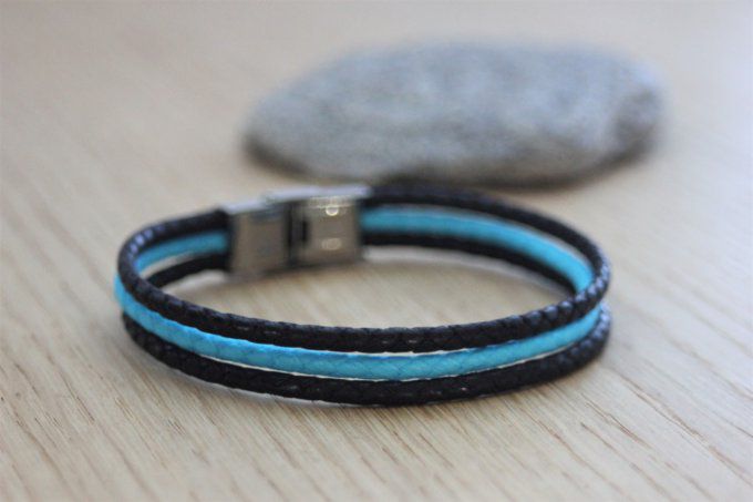 Bracelet homme en coton ciré tressé noir et turquoise fermoir acier 