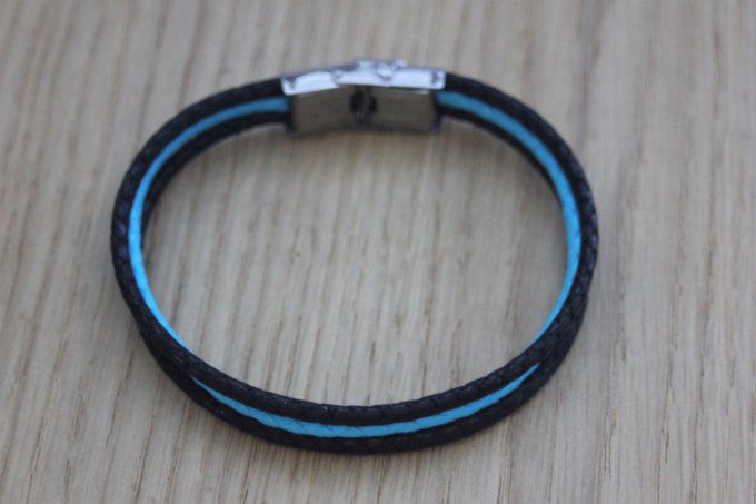 Bracelet homme en coton ciré tressé noir et turquoise fermoir acier 