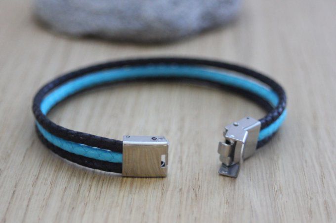 Bracelet homme en coton ciré tressé noir et turquoise fermoir acier 