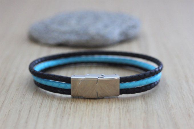 Bracelet homme en coton ciré tressé noir et turquoise fermoir acier 