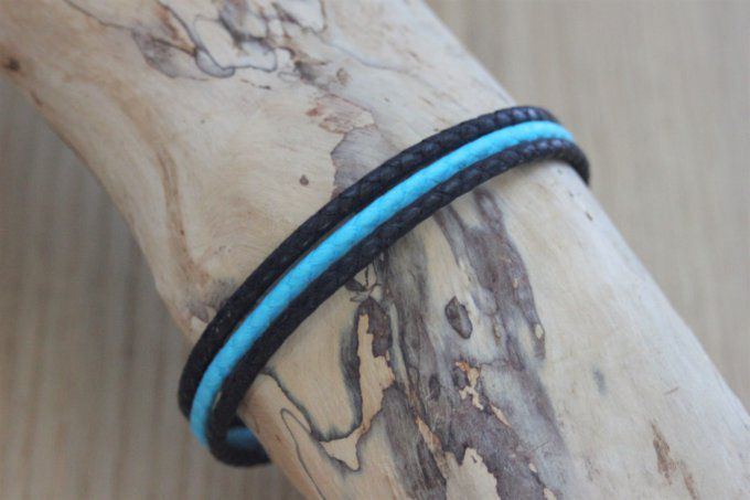 Bracelet homme en coton ciré tressé noir et turquoise fermoir acier 