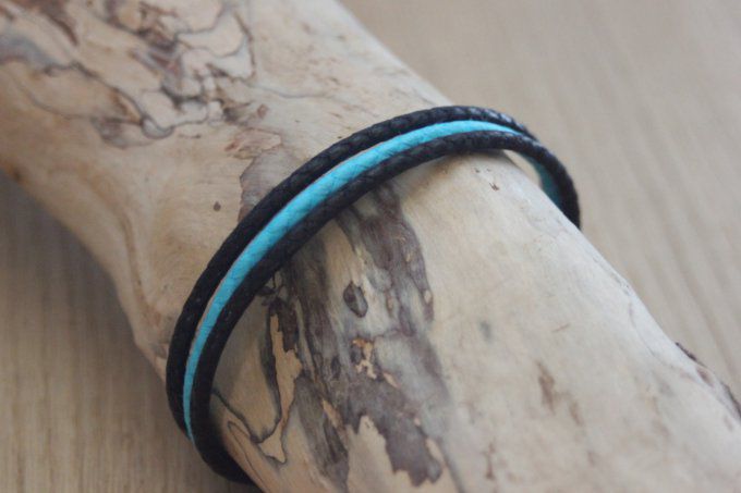 Bracelet homme en coton ciré tressé noir et turquoise fermoir acier 