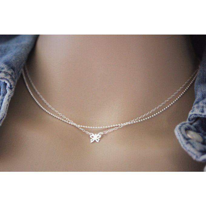 Collier en argent massif double chaine et petit papillon