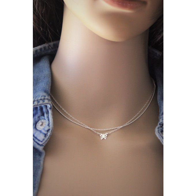 Collier en argent massif double chaine et petit papillon