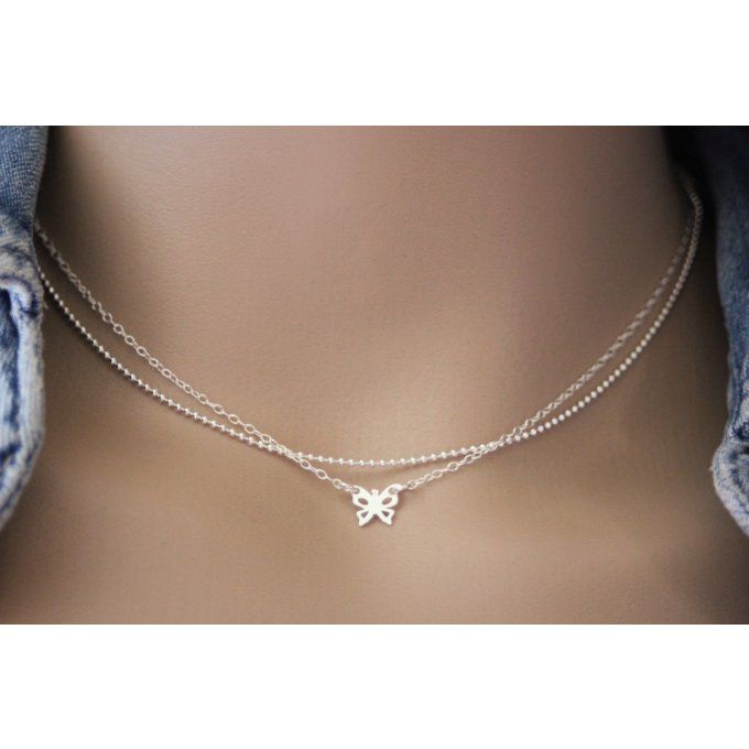 Collier en argent massif double chaine et petit papillon