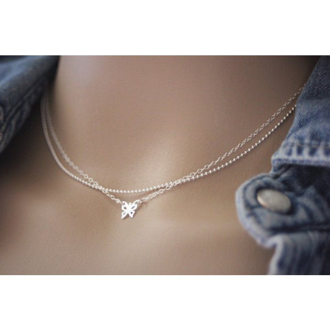 Collier en argent massif double chaine et petit papillon