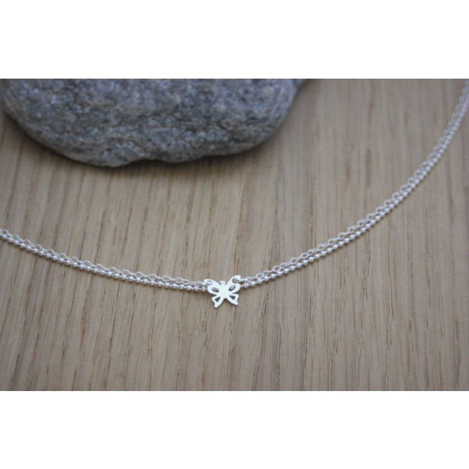 Collier en argent massif double chaine et petit papillon