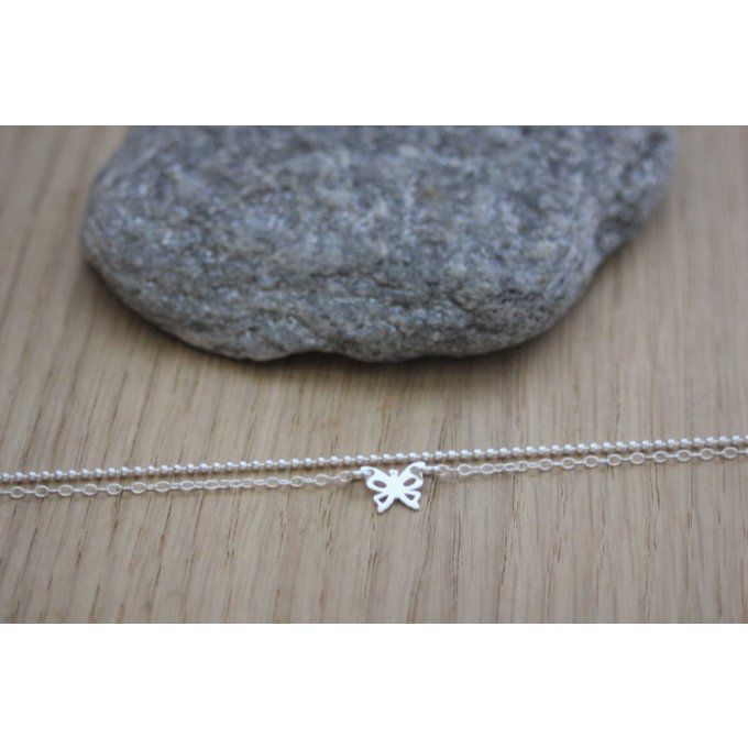 Collier en argent massif double chaine et petit papillon