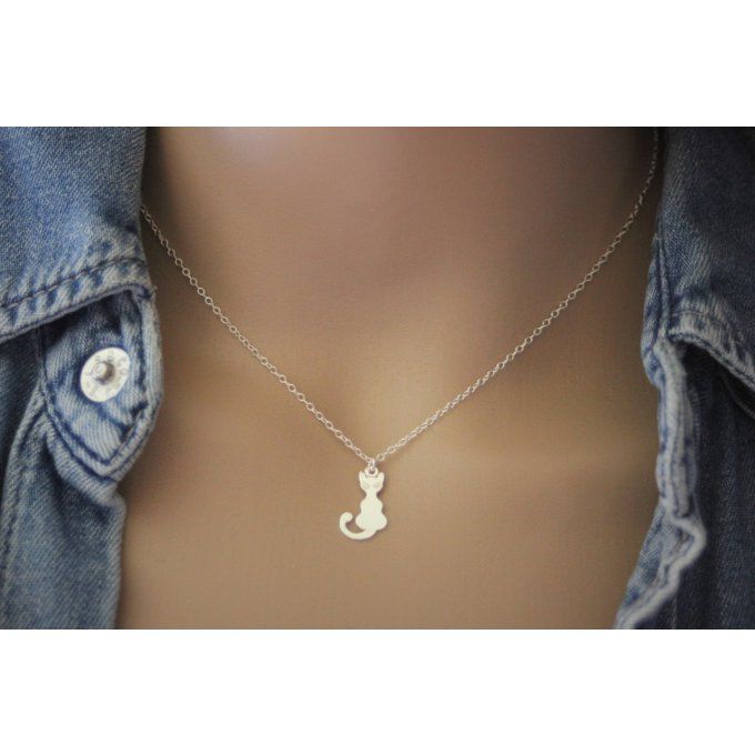 Collier argent massif pendentif chat