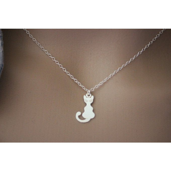 Collier argent massif pendentif chat