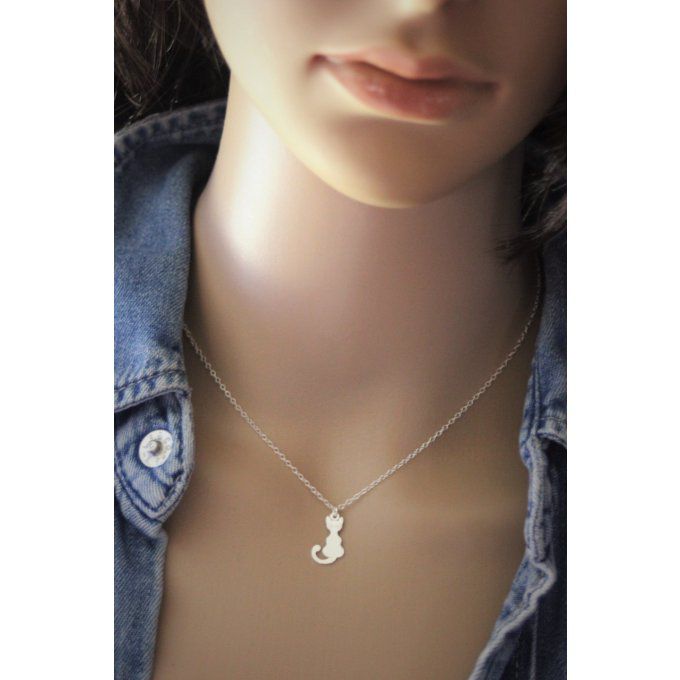 Collier argent massif pendentif chat