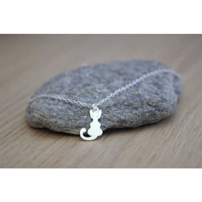 Collier argent massif pendentif chat