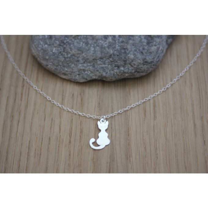 Collier argent massif pendentif chat