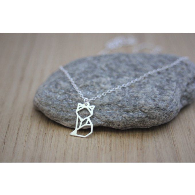 Collier argent massif pendentif renard origami