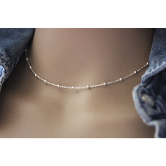 Collier ras de cou argent massif chaine perlée