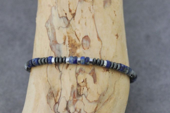 Bracelet perles heishi en lapis lazuli, hématite et hématite argentée