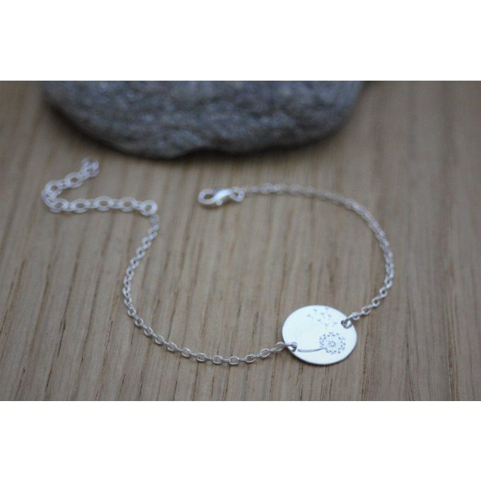 Bracelet argent massif médaille gravée pissenlit