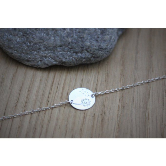 Bracelet argent massif médaille gravée pissenlit