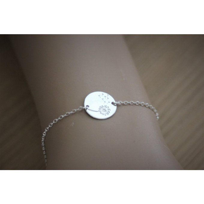 Bracelet argent massif médaille gravée pissenlit