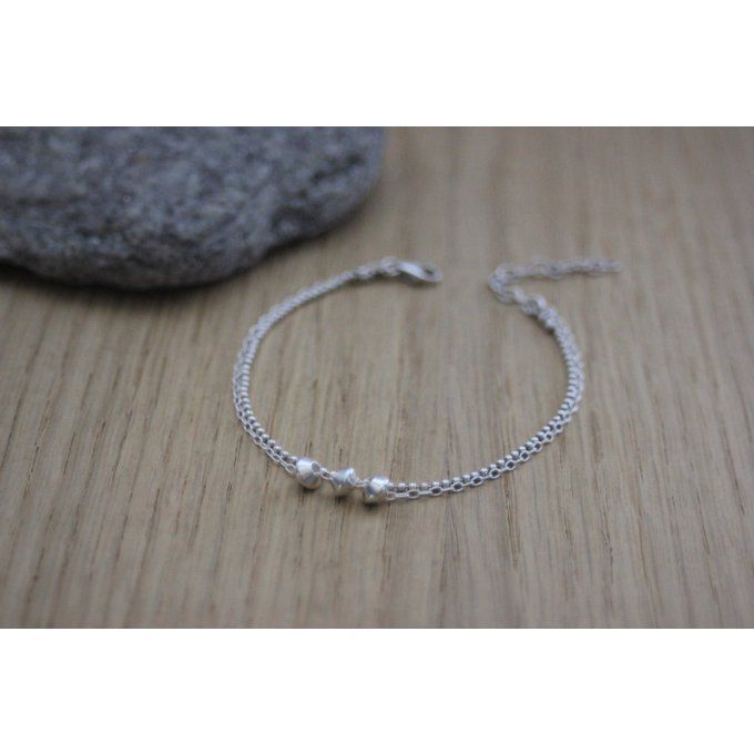 Bracelet argent massif double chaine avec perles toupies argent massif