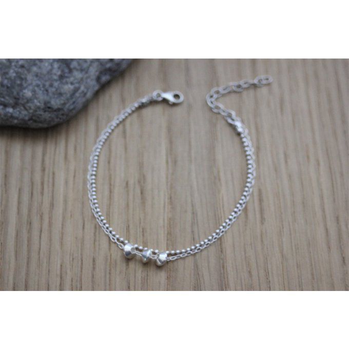 Bracelet argent massif double chaine avec perles toupies argent massif