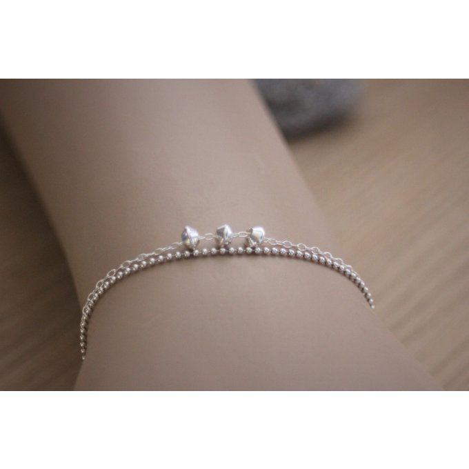 Bracelet argent massif double chaine avec perles toupies argent massif