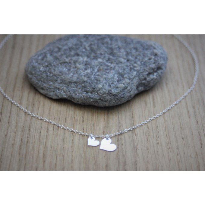 Collier ras du cou en argent massif 2 coeurs 