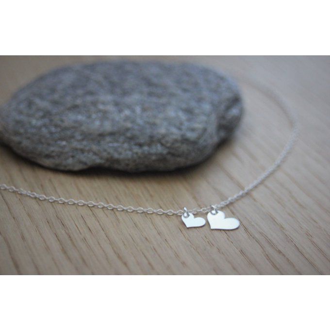 Collier ras du cou en argent massif 2 coeurs 