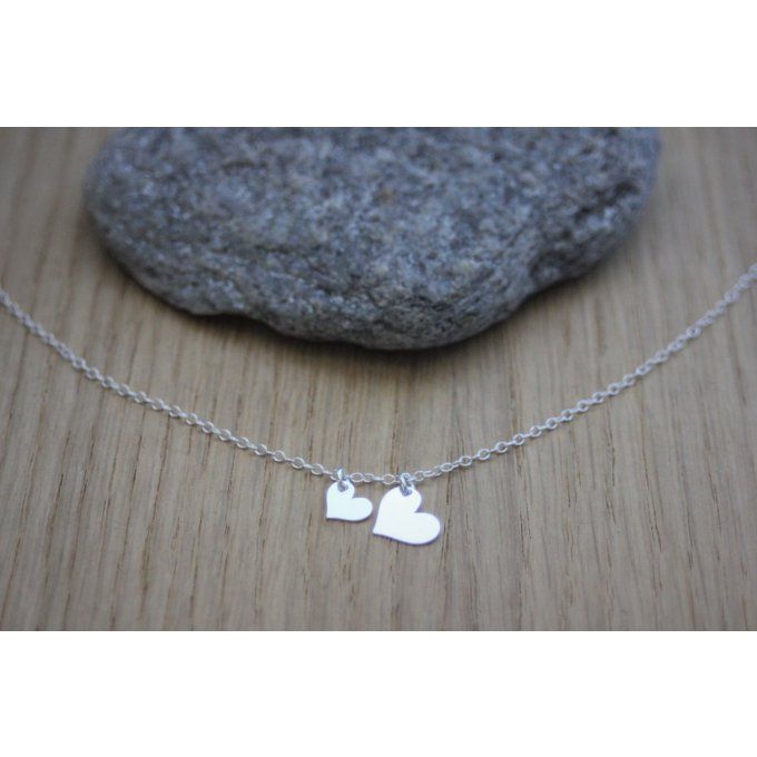 Collier ras du cou en argent massif 2 coeurs 